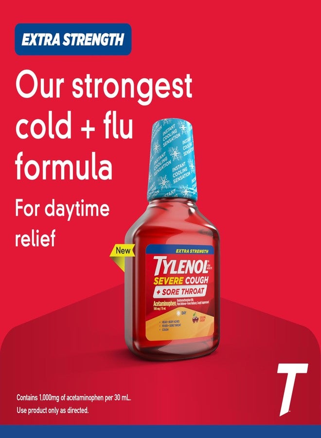 Tylenol Extra Strength Severe Cough + Sore Throat Daytime, Multi Symptom Cold Relief Liquid, Acetaminophen Pain Reliever & Dextromethorphan HBr Cough Suppressant, Cooling Cherry, 8 fl. oz - Image 2